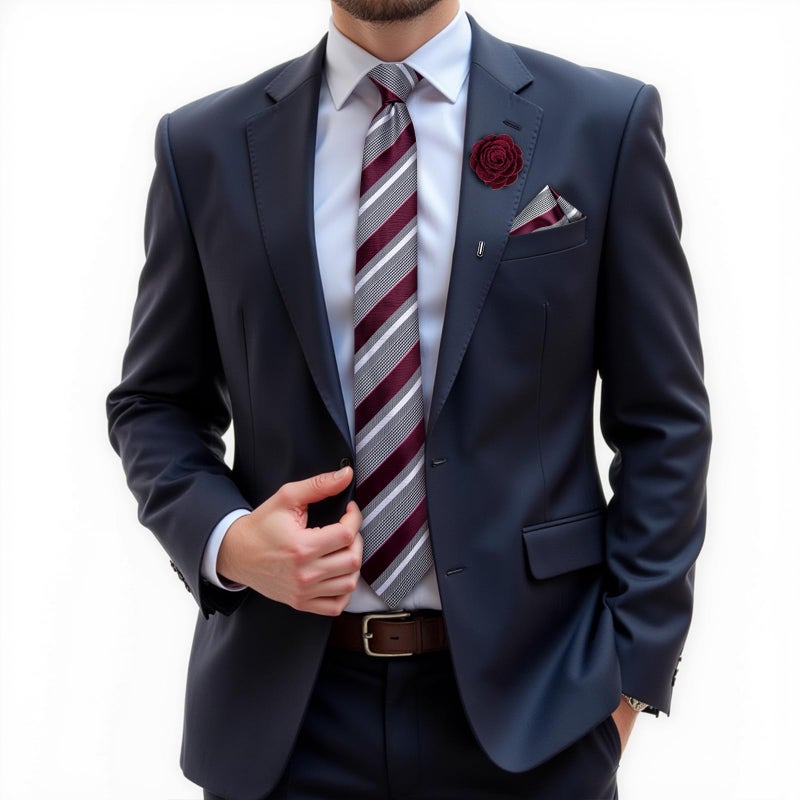DiBanGu Silk Ties for Men Necktie and Lapel Pin Brooch Set Formal Woven Paisley Plaid Striped Solid Tie Wedding Party, Burgundy and Grey - Image 2